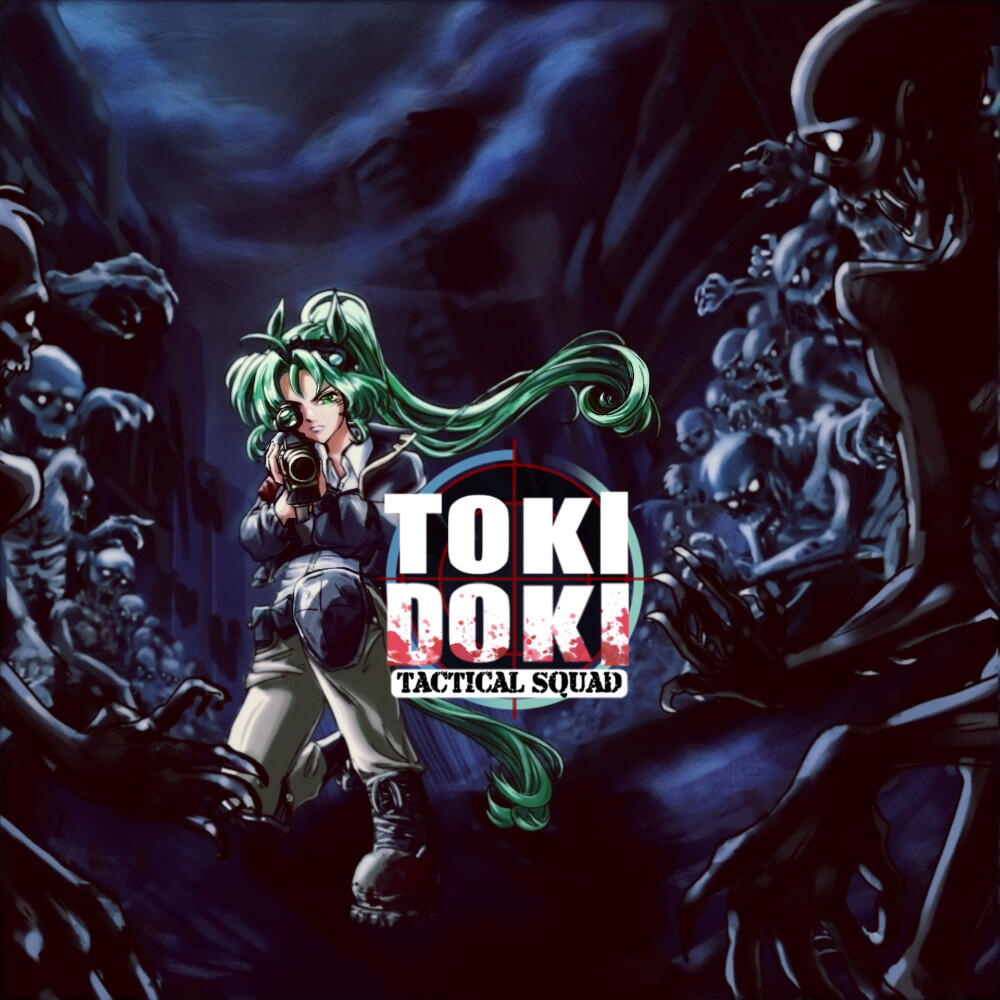 Iris looks down the barrel of her gun as zombies crowd around her. The TokiDoki Tactical Squad logo appears beside her.